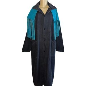 Vintage 80s Robbie Phillips Leather Wear Denim Fringe Trench Coat
